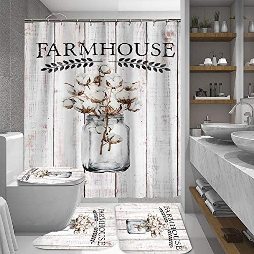 Photo 1 of 
Click image to open expanded view







Fashion_Man 4PCS/Set Rustic Flower Shower Curtain, Waterproof Fabric Bath Curtain, Farmhouse Floral on Rustic Panel Bathroom Decor, Non-Slip Bathroom Mat Bath Mat Toilet Rug, Cotton in Glass Bottle