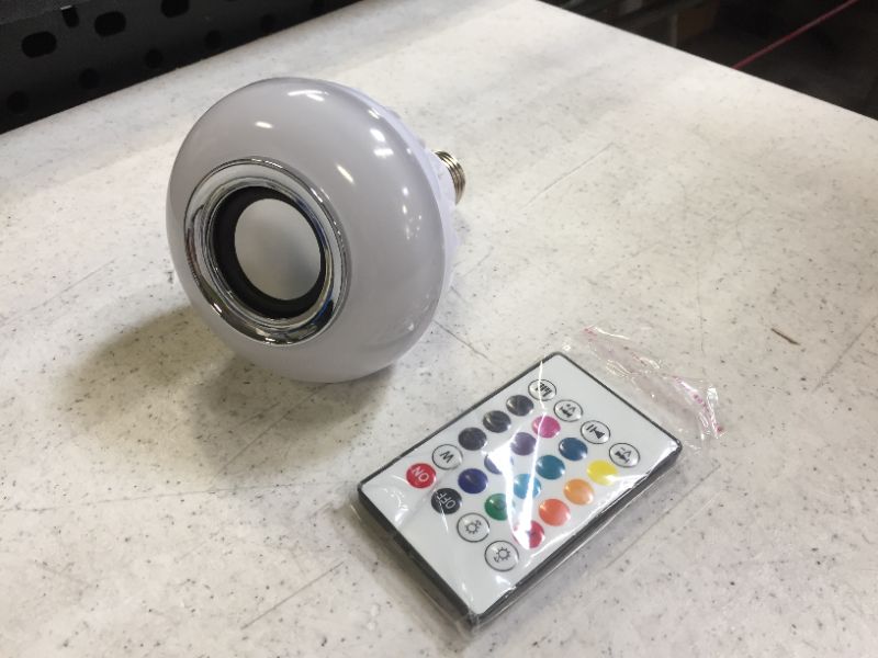 Photo 1 of LED Light Bulb Bluetooth Speaker, White + RGB + Yellow Light Ball Bulb Colorful Lamp Smart Music Bulb Audio Bluetooth Speaker with Remote Control for Home,Party,Bar,Garden or Spook House

