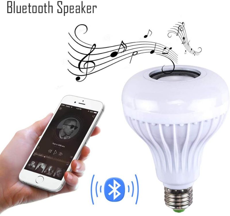 Photo 1 of LED Light Bulb Bluetooth Speaker, White + RGB + Yellow Light Ball Bulb Colorful Lamp Smart Music Bulb Audio Bluetooth Speaker with Remote Control for Home,Party,Bar,Garden or Spook House
