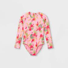 Photo 1 of Girls' Floral Print Long Sleeve Back-Zip One Piece Swimsuit - art class™ Pink L 10/12