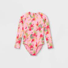 Photo 1 of Girls' Floral Print Long Sleeve Back-Zip One Piece Swimsuit - art class™ Pink XL 14/16