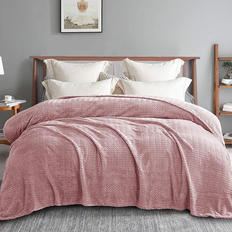 Photo 1 of Exclusivo Mezcla Queen Size Jacquard Weave Wave Pattern Flannel Fleece Velvet Plush Bed Blanket as Bedspread/Coverlet/Bed Cover(90" x 90", Pink) - Soft, Lightweight, Warm and Cozy
