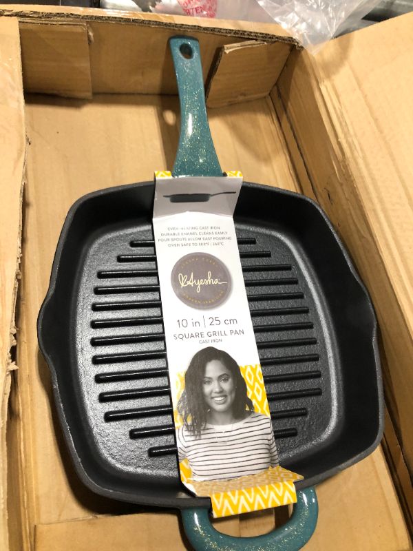 Photo 2 of Ayesha Curry Cast Iron Square Griddle Pan/Grill with Pouring Spouts, Small, Twilight Teal
