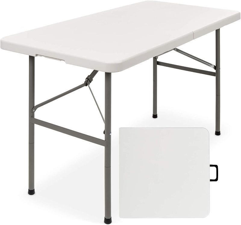 Photo 1 of Best Choice Products 4ft Plastic Folding Table, Indoor Outdoor Heavy Duty Portable w/Handle, Lock for Picnic, Party, Camping - White
