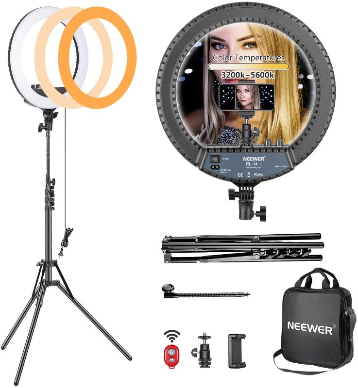 Photo 1 of Neewer 14-inch Outer Dimmable LED Ring Light Kit Includes: 30W Bi-Color 3200k-5600K Small Ring Light, Light Stand, Soft Tube, Phone Holder, Ball Head for Make Up Photo Port(14" LED Bi-color Light Kit)
