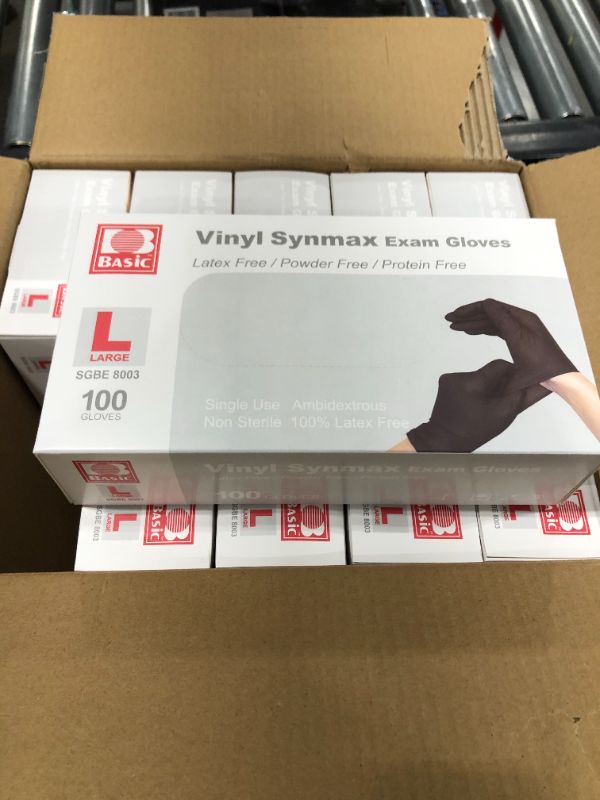 Photo 3 of Basic, Disposable Medical Synmax Vinyl Exam Gloves 1000pcs Latex Free & Powder Free Large, Black Color, Large (Pack of 1000)
