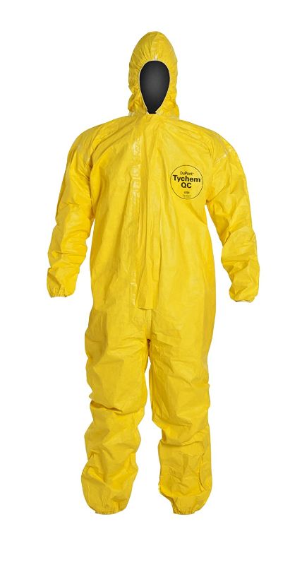 Photo 1 of DuPont Tychem 2000 QC127S Disposable Chemical Resistant Coverall with Hood, Elastic Cuff and Serged Seams, Yellow, X-Large (Pack of 12)
