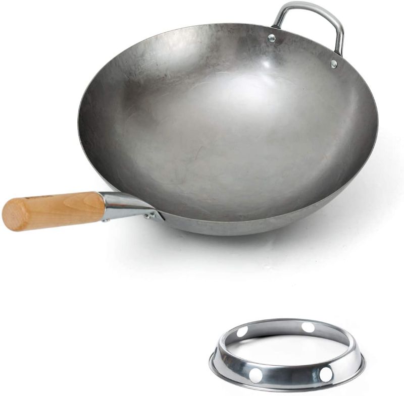 Photo 1 of Bielmeier Hand Hammered Wok pan 14.1",Carbon Steel Wok with Wok Ring, Round Bottom Woks and Stir Fry Pans with Wooden and Steel Helper Handle