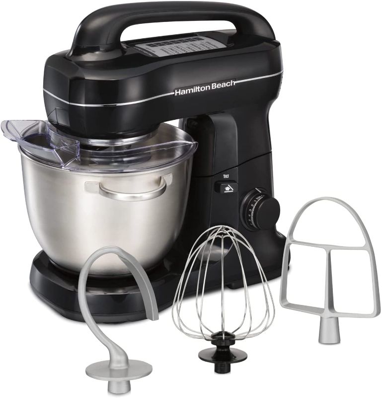 Photo 1 of Hamilton Beach Electric Stand Mixer, 4 Quarts, Dough Hook, Flat Beater Attachments, Splash Guard 7 Speeds with Whisk, Black with Top Handle