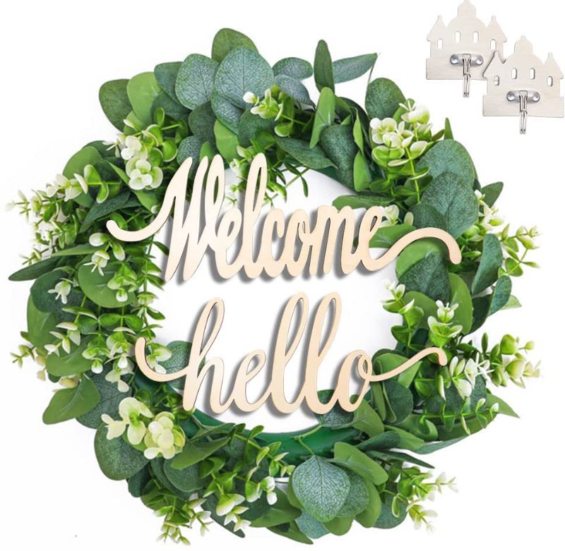 Photo 1 of 20" Artificial Eucalyptus Wreath for Front Door Green Leaf Wreath for All Seasons Decorating Wall Window Party Wedding Decor Indoor Outdoor