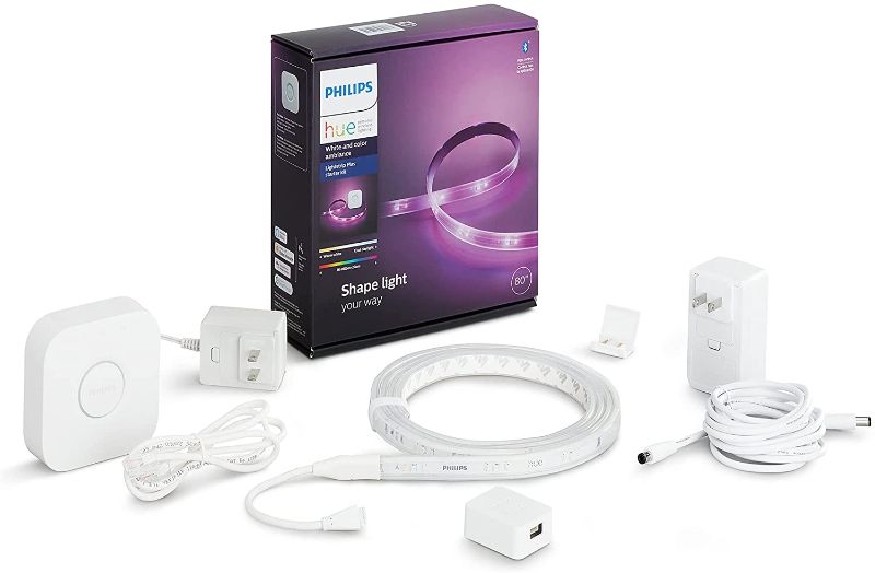 Photo 1 of Philips Hue Lightstrip Starter Kit (80" Light Strip, Base Plug, Hue Hub), Compatible with Alexa, Google Assistant, White