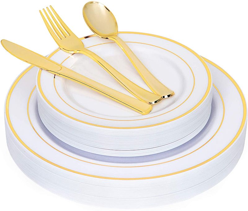 Photo 1 of  White Plastic Plates with Gold Rim (silverware not included)