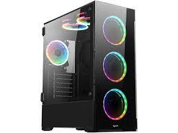 Photo 1 of Deco Gear Mid-Tower Computer Case with 3-Sided Tinted Tempered Glass, 3 Dual Ring RGB Cooling Fans and Remote Control for Custom Lighting, ATX, M-ATX, M-ITX, 7 PCI Slots, 8 Expansion Bays, USB 2.0/3.0
