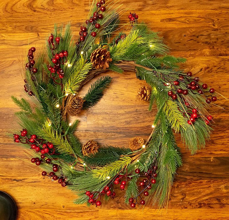 Photo 1 of Red Co. 22” Light-Up Christmas Wreath with Pinecones & Evergreens, Plug-in LED Lights
