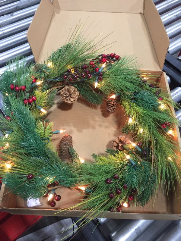 Photo 2 of Red Co. 22” Light-Up Christmas Wreath with Pinecones & Evergreens, Plug-in LED Lights
