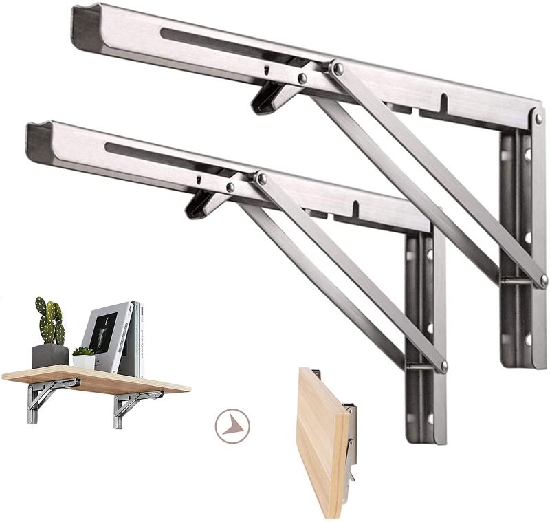 Photo 1 of Folding Shelf Brackets 16 Inch, Heavy Duty Stainless Steel Collapsible L Angle Wall Mounted Brackets, DIY Shelves for Table Work Bench Max Load 330lb, Pack of 2 with Install Screws