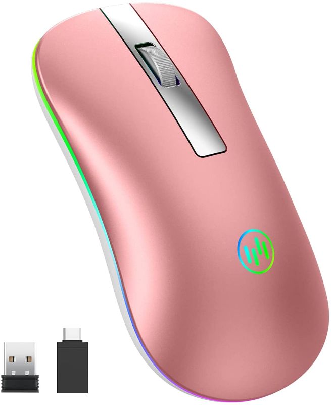 Photo 1 of TENMOS T5 LED Wireless Mouse, 2.4G Light up Silent Slim Optical Mouse with USB Receiver Type-C Adapter, Rechargeable Wireless Computer Mice for Laptop/PC/Mac (Rose Gold)