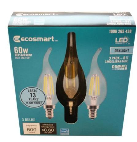 Photo 1 of 60-Watt Equivalent B11 Dimmable Flame Bent Tip Clear Glass Filament LED Vintage Edison Light Bulb Daylight (3-Pack)
