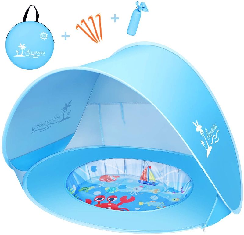 Photo 1 of Baby Beach Tent with Pool, UPF50+ Pop Up Shade Tent for Infant, Baby Beach Sun Shade Pool with UV Protection, Blue
