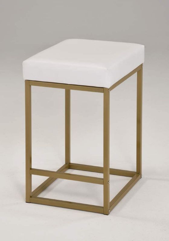 Photo 1 of Counter Height Bar Stool with White Bonded Leather Cushion and Gold Metal Base, 1 Chair (24" Height)
