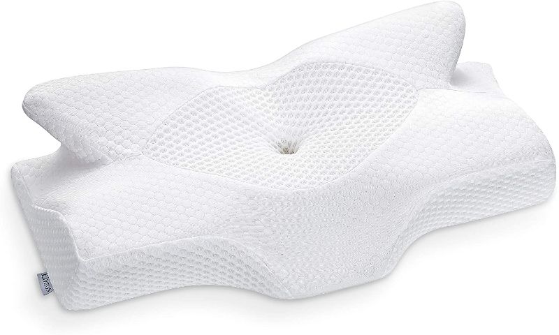 Photo 1 of Elviros Cervical Memory Foam Pillow, Contour Pillows for Neck and Shoulder Pain, Ergonomic Orthopedic Sleeping Neck Contoured Support Pillow for Side Sleepers, Back and Stomach Sleepers (White-S)

