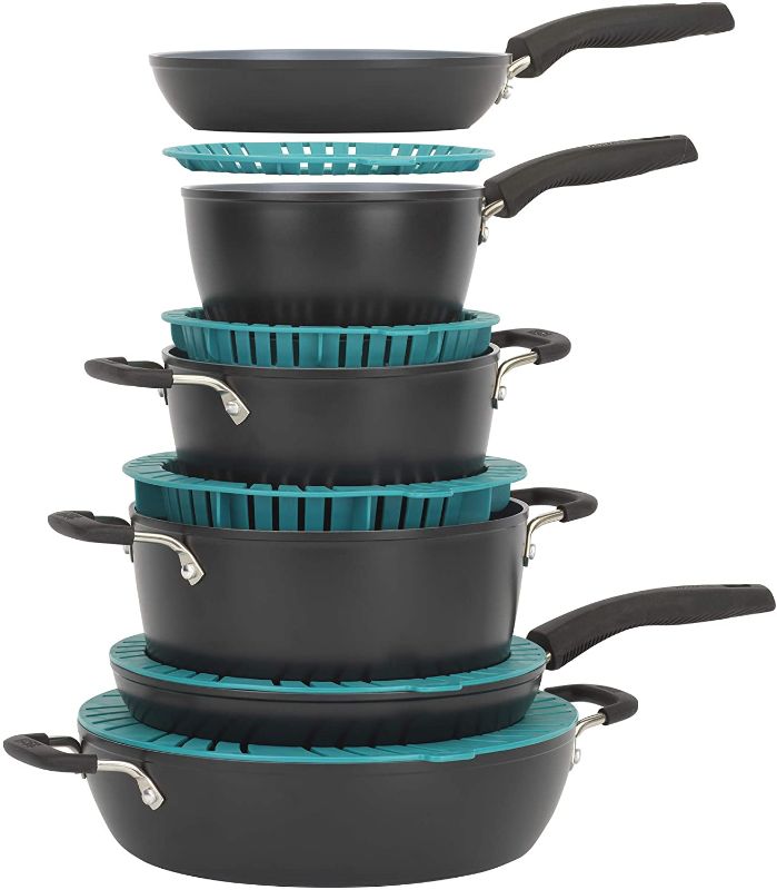 Photo 1 of Bialetti 07140 SmartFit Stacking cookware, 10pc Set, Gray and Teal
