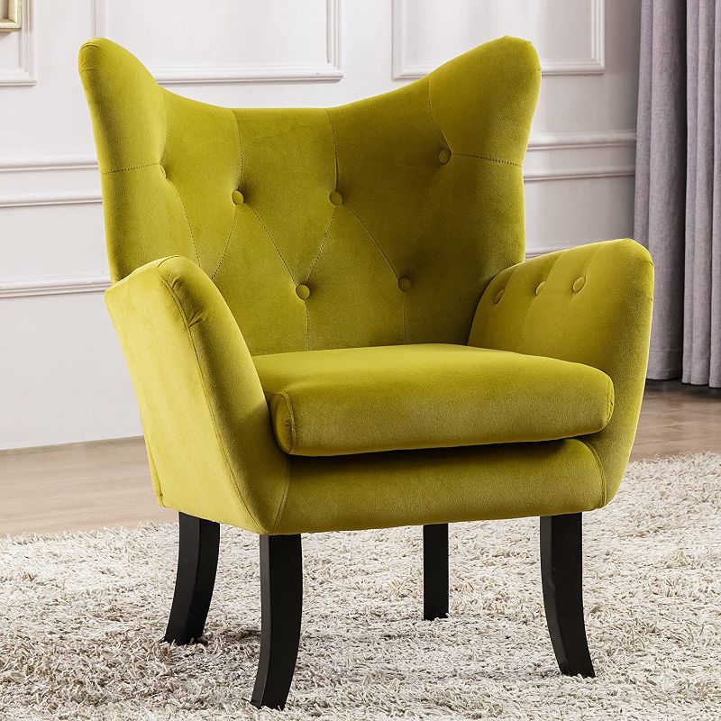 Photo 3 of Merax Modern Wingback Accent Chair Armchair with Tufted Button and Wooden Legs for Bedroom, Living Room or Office, Avocado
