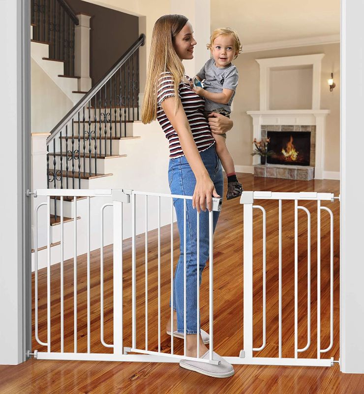 Photo 2 of Cumbor Baby Gate for Stairs, Extra Wide 57-Inch Dog Gate for Doorways, Pressure Mounted Walk Through Safety Child Gate for Kids Toddler, Adjustable Tall Pet Puppy Fence Gate, White
