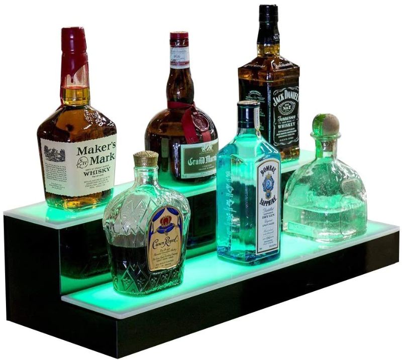 Photo 2 of LED Lighted Liquor Bottle Display 16 Inch 2 Step Illuminated Bar Bottle Shelf 2 Tier Cimmercial Home Bar Bottle Display Drinks Lighting Shelves Home Bar Lighting with Remote Control