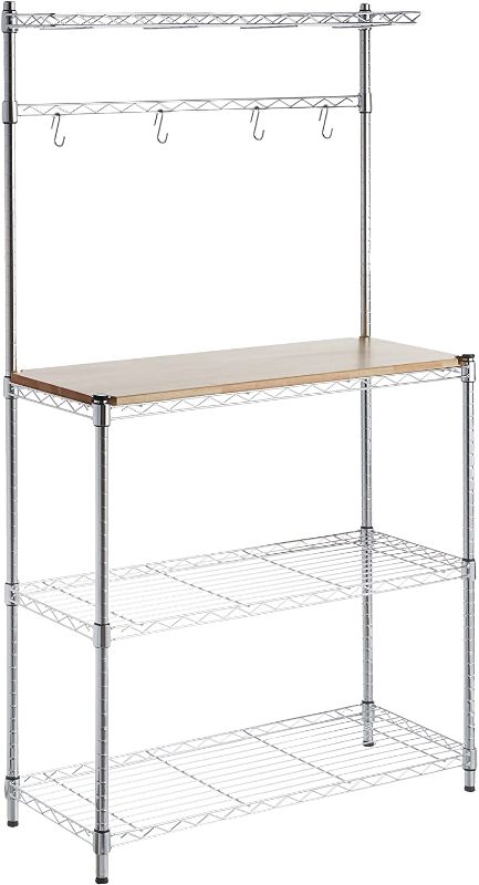 Photo 1 of Amazon Basics Kitchen Storage Baker's Rack with Wood Table, 63.4"H x 36"L x 14"W - Chrome/Wood
