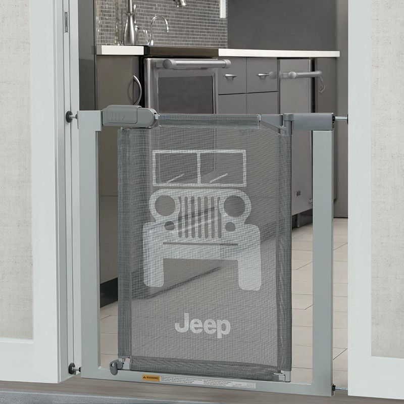 Photo 1 of Delta Children Jeep Adjustable Baby and Pet Safety Gate by Easy Fit Pressure Mount Design with WalkThrough Door – Fits Openings Between 28.5 Inches 40 Inches Wide, Grey
