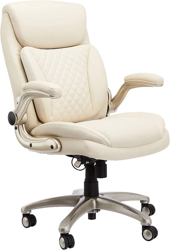 Photo 1 of AmazonCommercial Ergonomic High-Back Rhombus-Stitched Leather Executive Chair, with Flip-up Armrests and Motive Lumbar Support, Cream/Ivory
