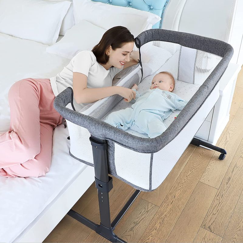 Photo 2 of ANRRO Bedside Bassinet Bedside Sleeper, Infant Bedside Crib Baby Sleeping Bed Adjustable Height Breathable Mesh Foldable Infant Bedside Sleeper with Fasten Straps, Wheels and Mosquito Net, Gray
