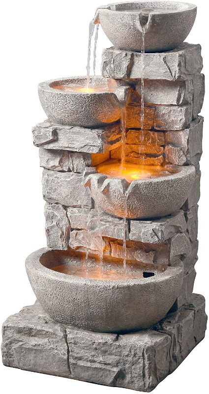 Photo 2 of 201601PT Water 4 Tiered Bowls Floor Stacked Stone Waterfall Fountain with LED Lights and Pump for Outdoor Patio Garden Backyard Decking Décor, 33 inch Height, Gray, 33"