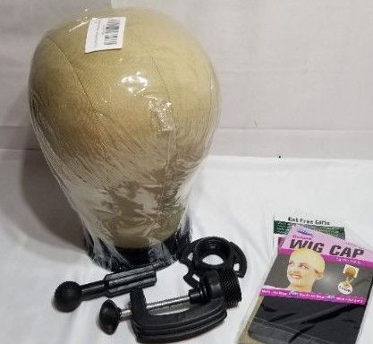 Photo 2 of 22 Inch Wig Head Cork Canvas Mannequin Head with Stand with a wig cap,  (Pack of 1)