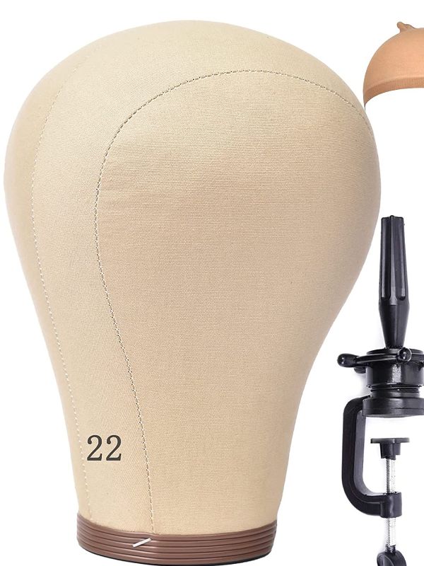 Photo 1 of 22 Inch Wig Head Cork Canvas Mannequin Head with Stand with a wig cap,  (Pack of 1)