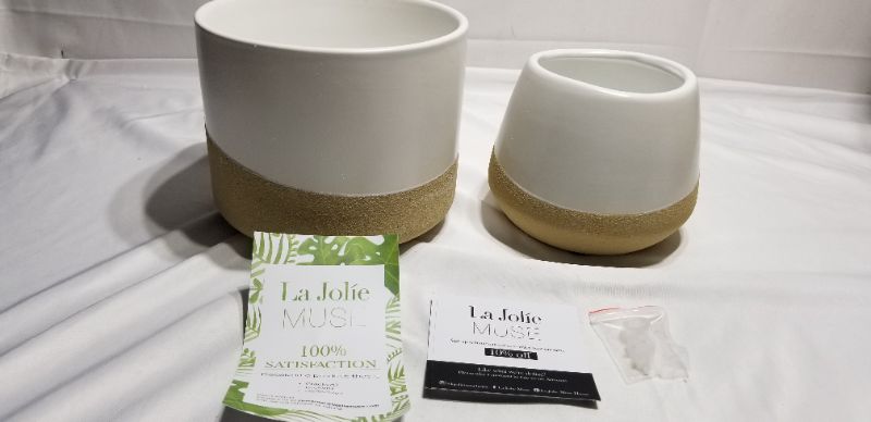 Photo 2 of LA JOLIE MUSE Ceramic Round Planter Set for Indoor, Modern Tabletop Plant Pot with Sand Glaze Bottom, Drain Hole Included, Home Decor Gift, White & Sandy Beige, 5.5 Inch+4.3 Inch