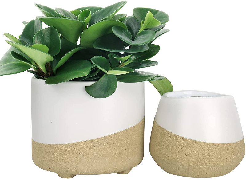 Photo 1 of LA JOLIE MUSE Ceramic Round Planter Set for Indoor, Modern Tabletop Plant Pot with Sand Glaze Bottom, Drain Hole Included, Home Decor Gift, White & Sandy Beige, 5.5 Inch+4.3 Inch