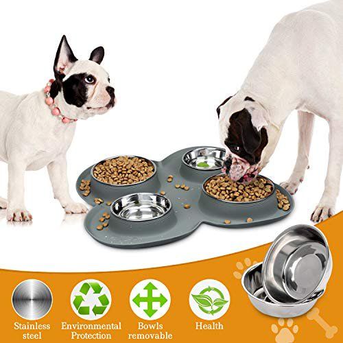 Photo 1 of  WINSEE Anti Ant Cats Bowls, 4 Bowls for Small Medium Dogs Stainless Steel Feeder with Safety Silicone Mat Set, No Spill Non Skid, Food & Water Bowls for Multiple Pets, Grey 80 Oz