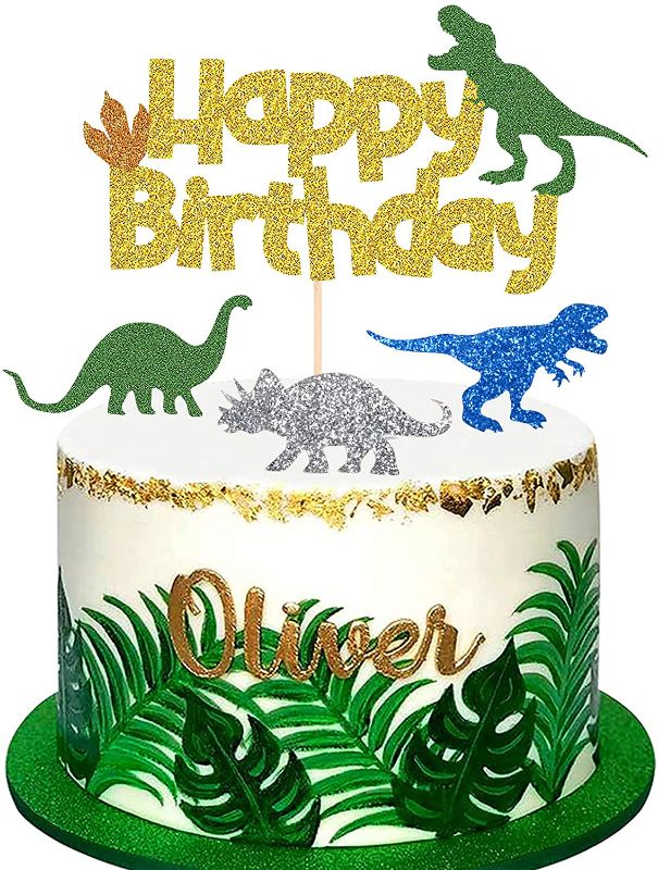 Photo 1 of Dinosaur Birthday Cake decorations Glitter Dinosaur Cake Toppers Tropical Jungle Birthday Party Cupcake Toppers Set for Kids Boys Girls Baby Shower Animal Birthday Theme Party Supplies