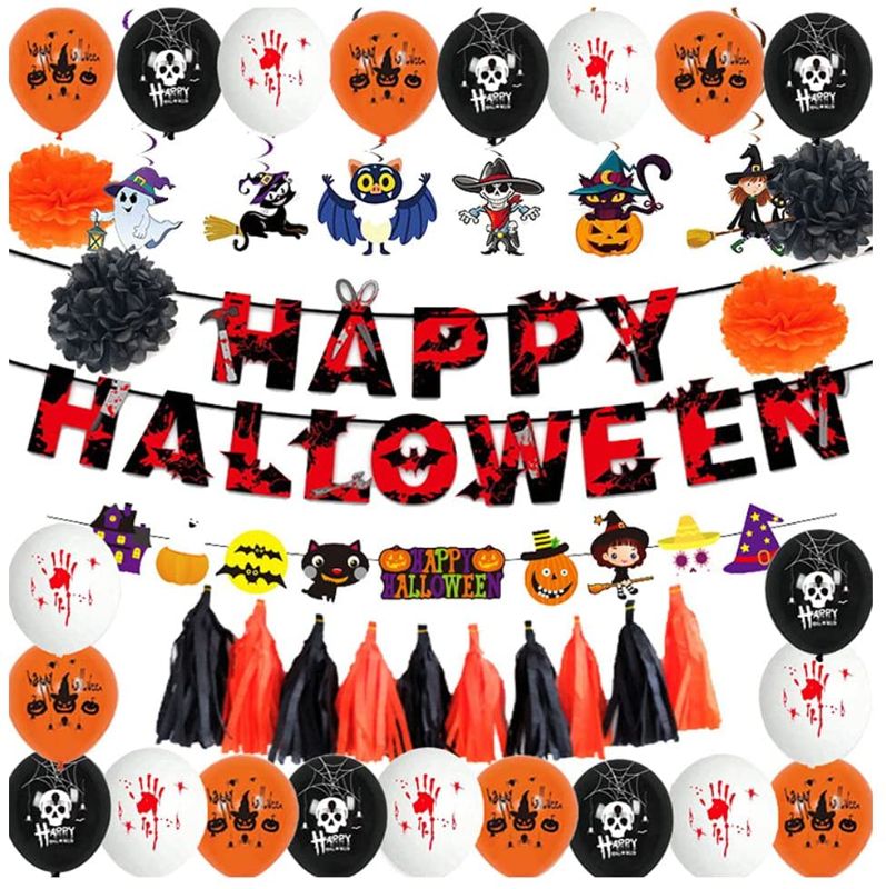 Photo 1 of 40 PCs Halloween Decoration Set, Happy Halloween Banners, Foil & Latex Halloween Balloons, Halloween spiral hanging decorations  (ACTUAL ITEM MAY DIFFER SLIGHTLY THAN THAT OF STOCK PHOTO) 