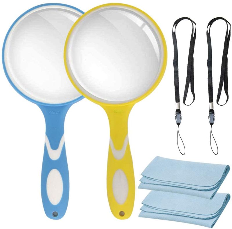 Photo 1 of 2PCS 9X 90mm Shatterproof Magnifying Glass, Premium Handheld Reading Magnifier Perfect for Kids and Seniors, Large and Real Magnifying Lens for Reading, Observation, Science (Blue, Yellow)