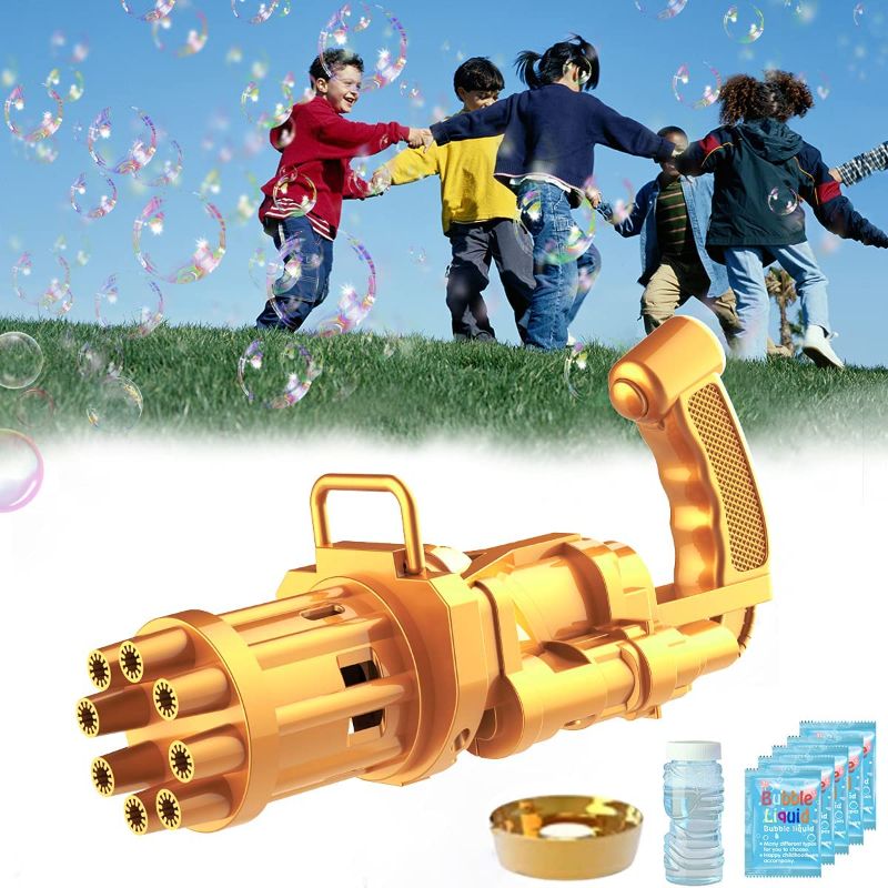 Photo 1 of Bubble Gun, Gatling Bubble Machine 2021 Bubble Gun 8-Hole Bubble Toy for Toddler, Automatic Bubble Maker Machine Electric Bubble Gun, Children's Bubble Gun for Summer Outdoor Activities(Gold)