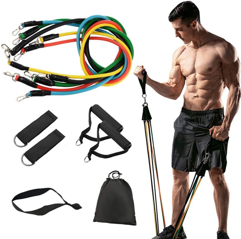 Photo 1 of  Mzar Resistance Bands Set with Handles and Carrying Bag - 5 Exercise Bands for Portable Home Gym
