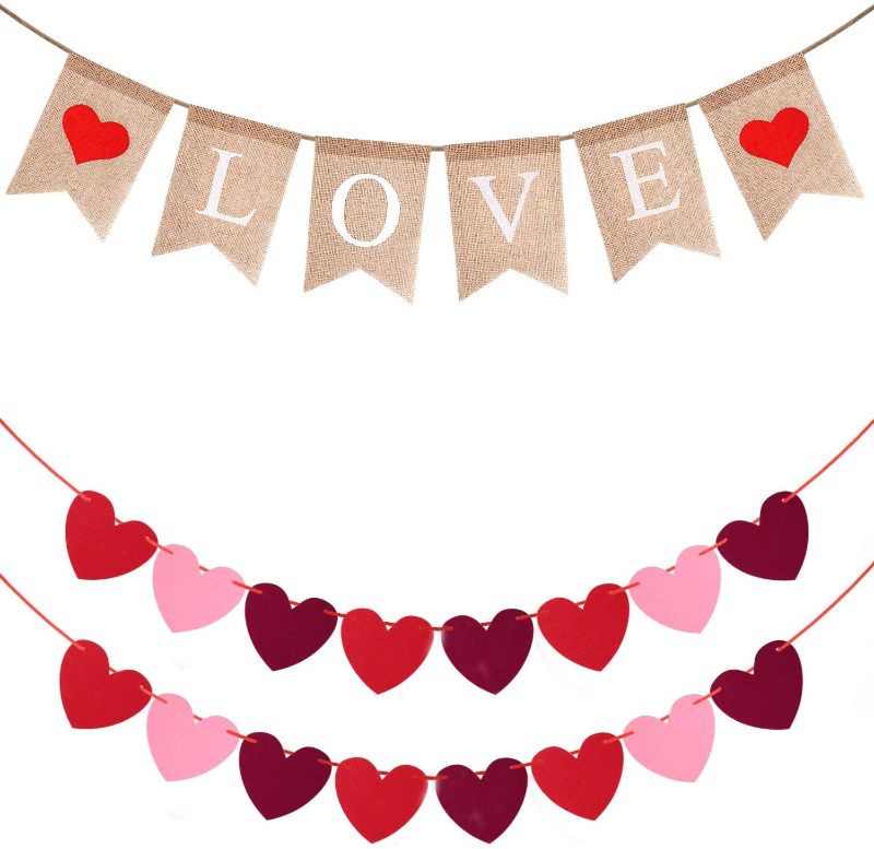 Photo 1 of 3 Pack Felt Heart Garland Banner - Valentines Day Decorations, Free DIY Valentine's Day Decor, Red Heart and Burlap Banner Decoration for Home, Wedding, Classroom, Party