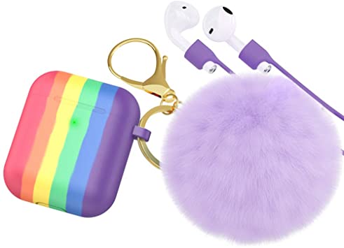 Photo 1 of BRG for AirPods Case,Soft Cute Silicone Cover for Apple Airpods 2 & 1 Cases with Pom Pom Fur Ball Keychain/Strap/Accessories for Women Girls (Front LED Visible) Rainbow