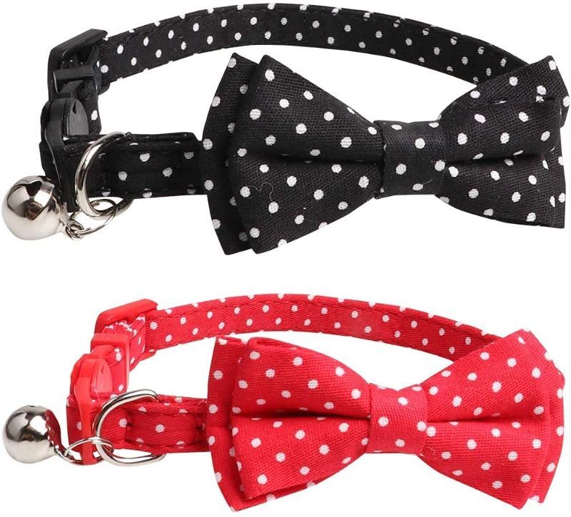 Photo 1 of 2 Pack Personalized Cat Collar with Bowtie and Bells Breakaway, Updated Grid Patterns Neck Accessories for Kitty Girls Puppy Small Dogs, Adjustable Size 8-11 Inch (New Wave Point Black & Red)