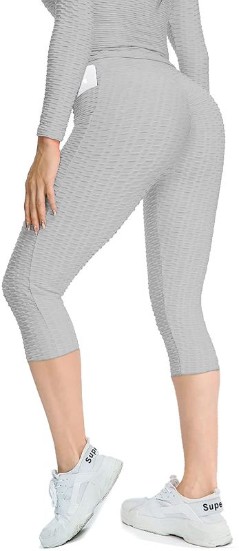 Photo 1 of Msicyness Tiktok High Waist Leggings Yoga Butt Pants, Textured Scrunch Booty Tights, Gray, XXL