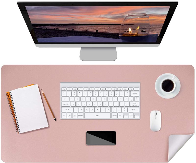 Photo 1 of Puroma Office Desk Pad PU Leather Desk Mat, 31.5" X 15.7" Large Mouse Pad Laptop Desk Mat, Waterproof Desk Cover Protector, Dual-Sided Multifunctional Desk Writing Mat for Office (Pink and Grey)