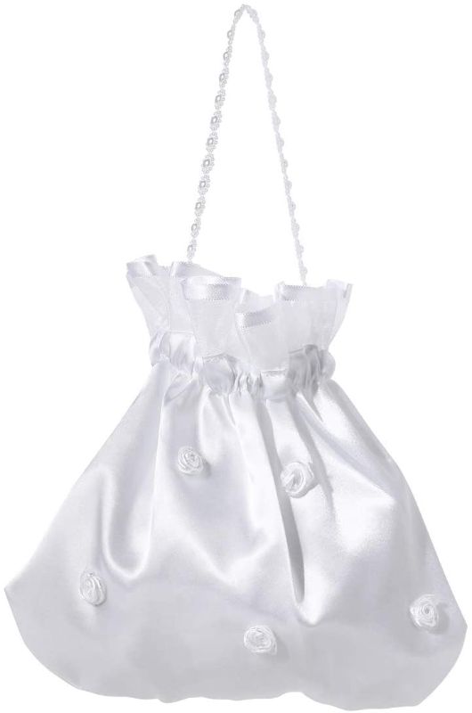 Photo 1 of LUOEM Satin Bridal Wedding Money Bag White Bridal Bridesmaid Satin Flower Decorated Bag Handbag with Pearl for Dollar Dance Bridal Purse Wedding Favor, Set of 4